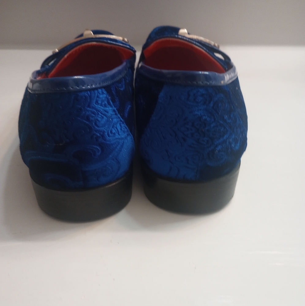 Blue Embossed Velvet Men's Slip-On Loafers - Picture 7 of 9